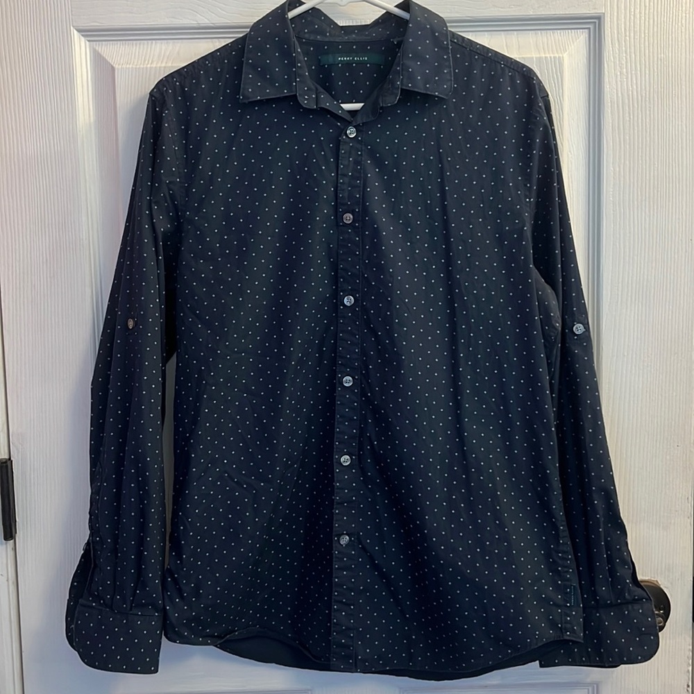 Perry Ellis navy blue cotton button down shirt